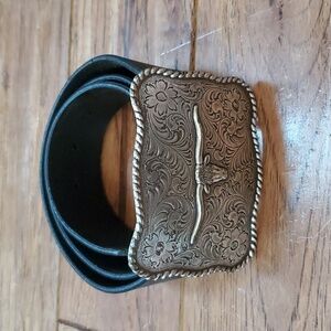 Nocona Longhorn Steer Levi's black leather belt and buckle